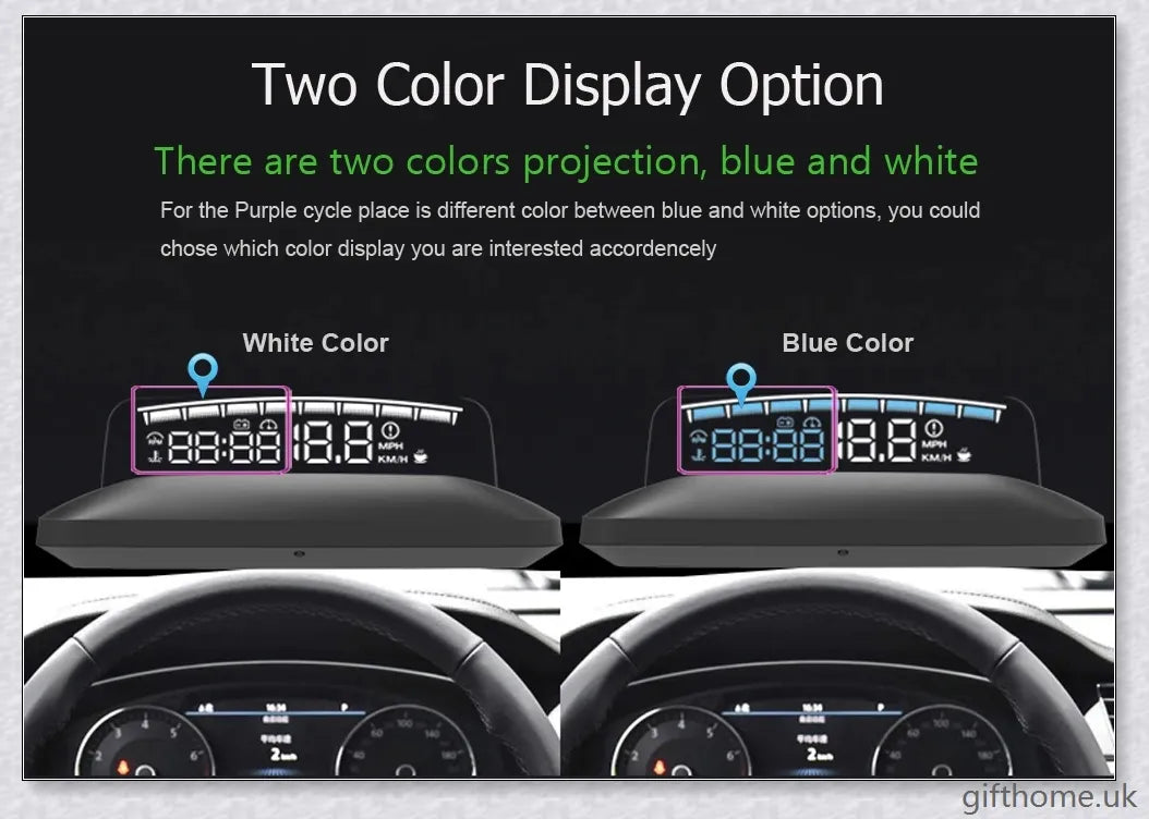 Premium windscreen-mounted car speed projector with bright, clear display reflecting on the windscreen