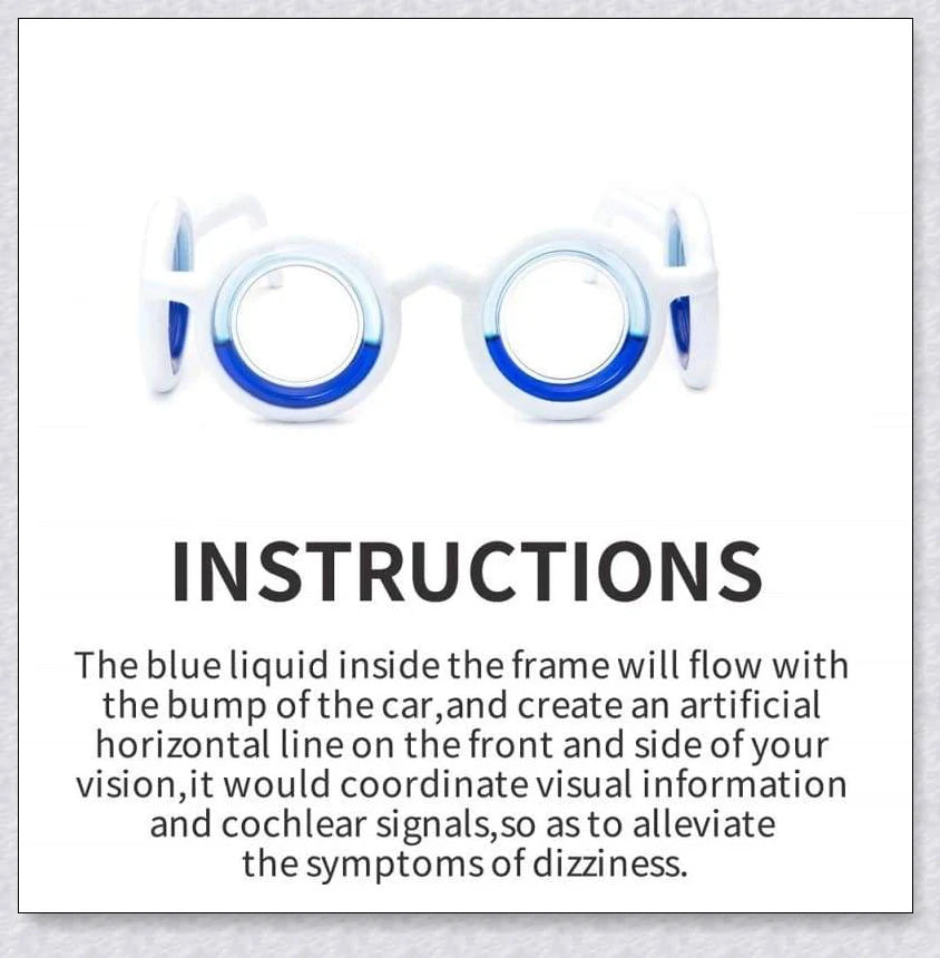 Anti-Motion Sickness Glasses with Boarding Ring technology for relief from nausea, dizziness, and vertigo during travel by car, boat, or plane