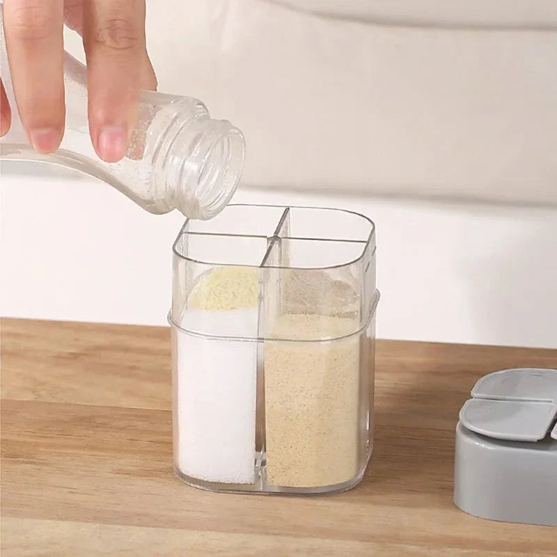 Versatile 4-in-1 Camping Seasoning Shaker with four separate compartments for organising spices and seasonings