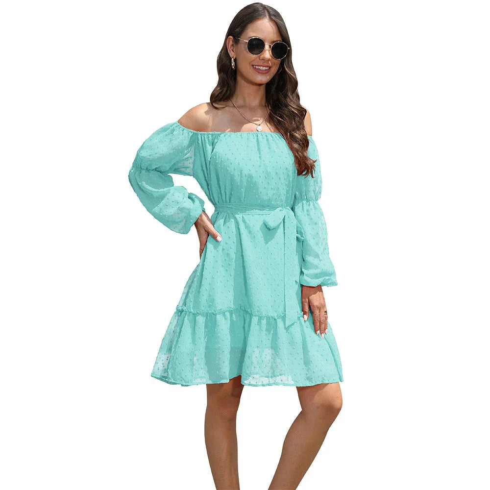 Stylish one-shoulder chiffon dress with ruffled bubble dot design, available in various sizes and blue colour