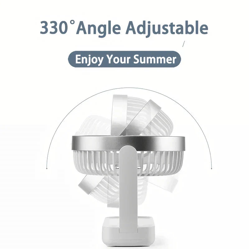 A compact, rechargeable USB desk fan with adjustable speed settings and a tilting head for targeted airflow.
