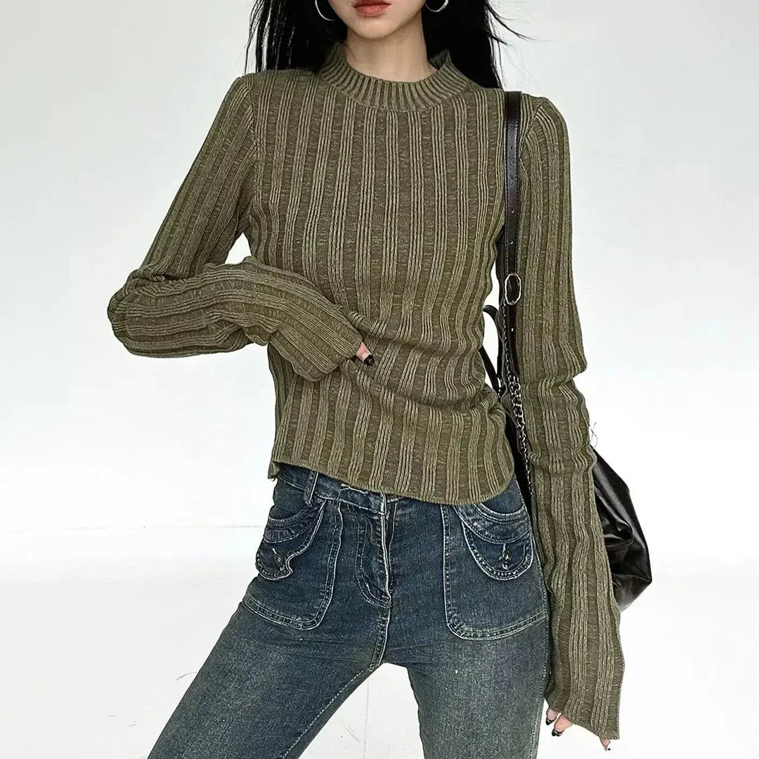 Women's Stylish Round Neck Long Sleeve Slim Fit Knitted Jumper in Green