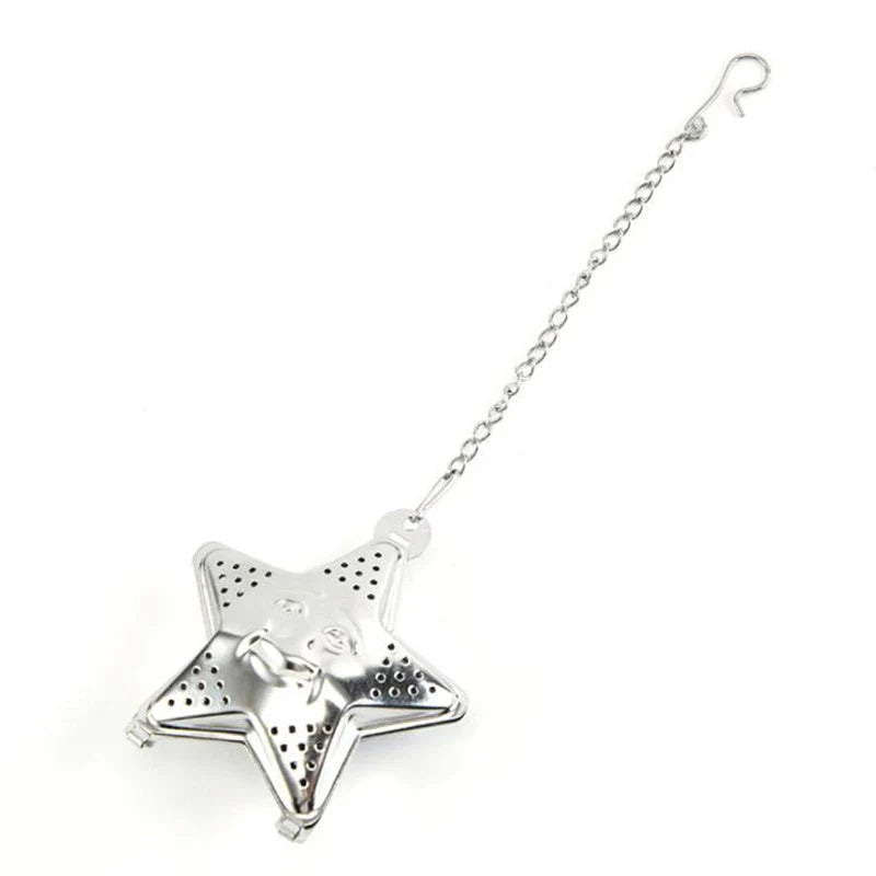 Adjustable stainless steel star-shaped tea infuser for brewing loose leaf tea with hanging mechanism