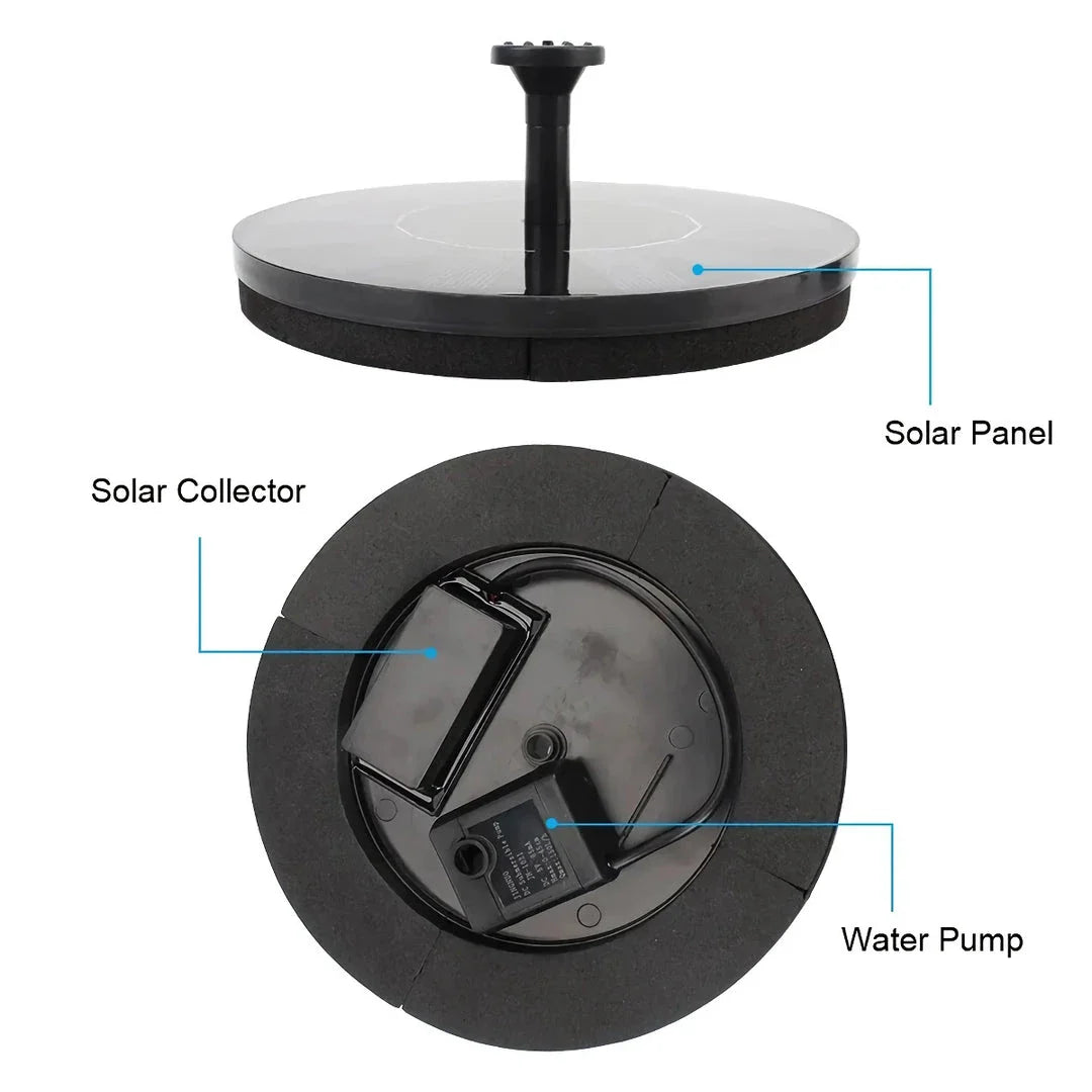 3W solar-powered water fountain with LED lights and customisable spray nozzles, perfect for enhancing any garden or pond