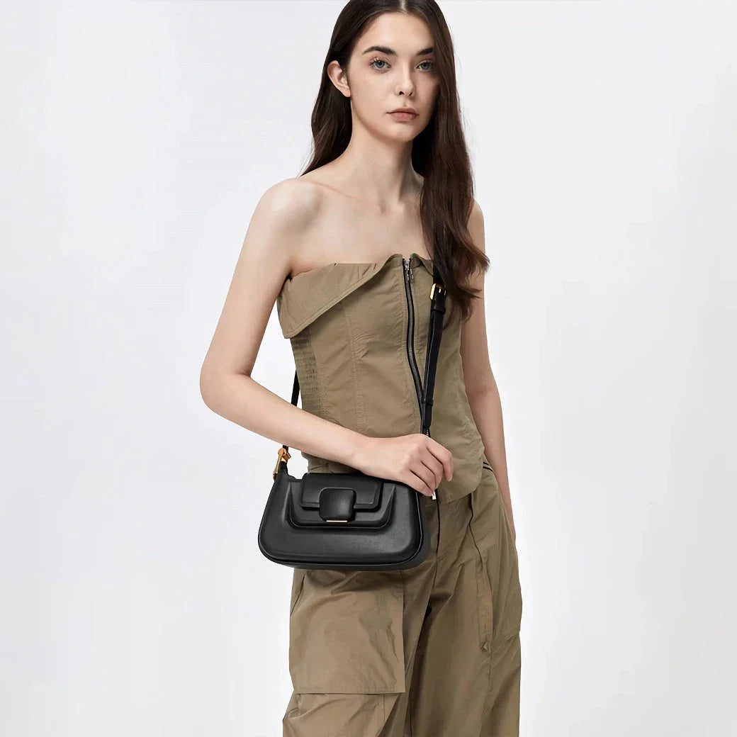 Sophisticated silk-lined TPU crossbody baguette bag in green, black, and navy colours