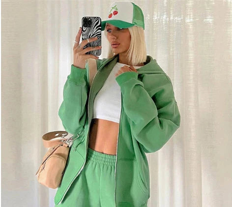 Premium hooded sportswear jogger trousers for women in khaki, green, and light blue colours