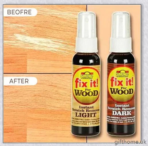 A bottle of premium wood scratch repair spray with a light and dark colour option for blending seamlessly with various wood tones.
