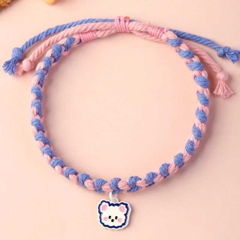 Adjustable Cute Pet Collar with Soft Cotton Rope and Adorable Bear Pendant