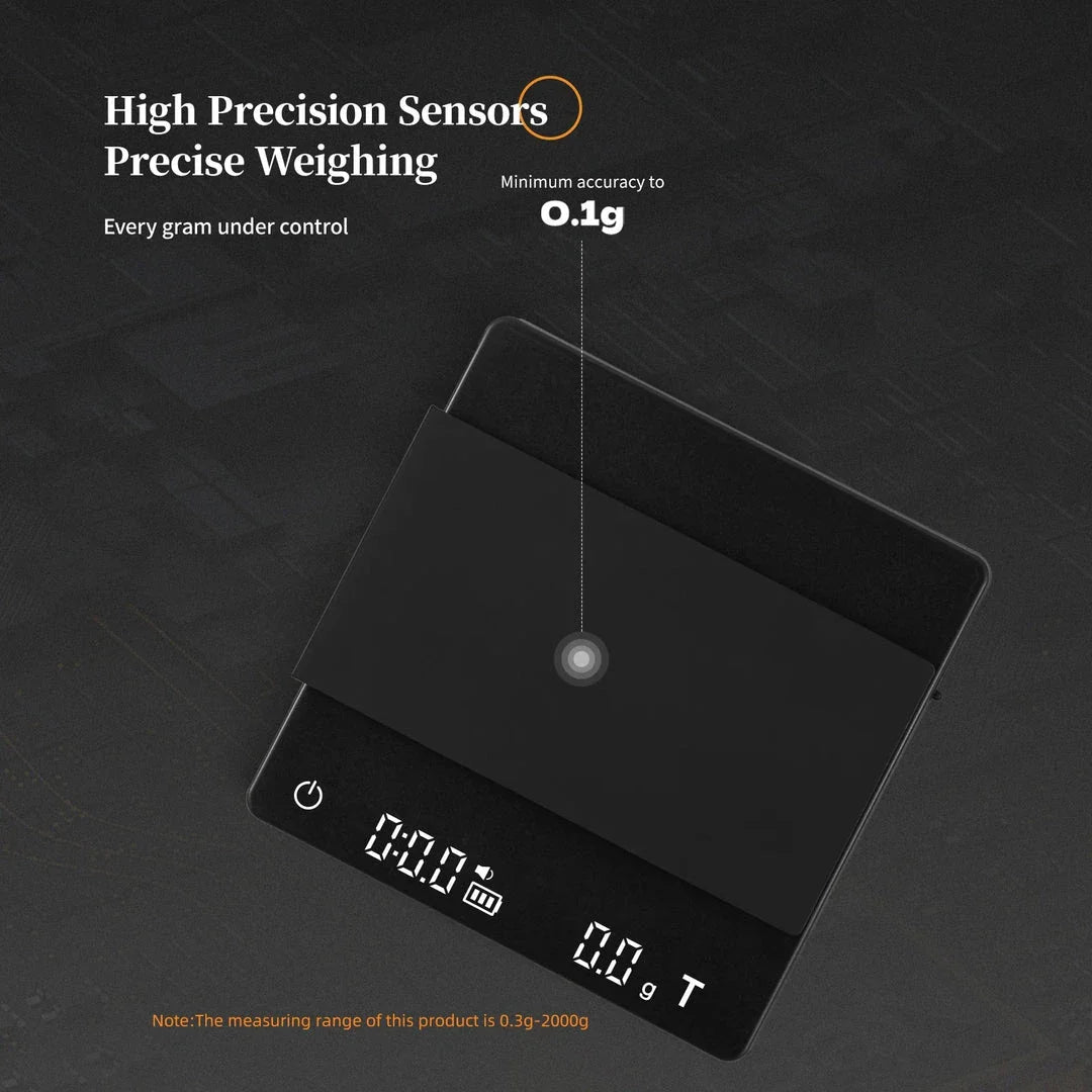 Precision Digital Coffee Scale with sleek white design and accurate 0.1g measurements for perfect coffee brewing