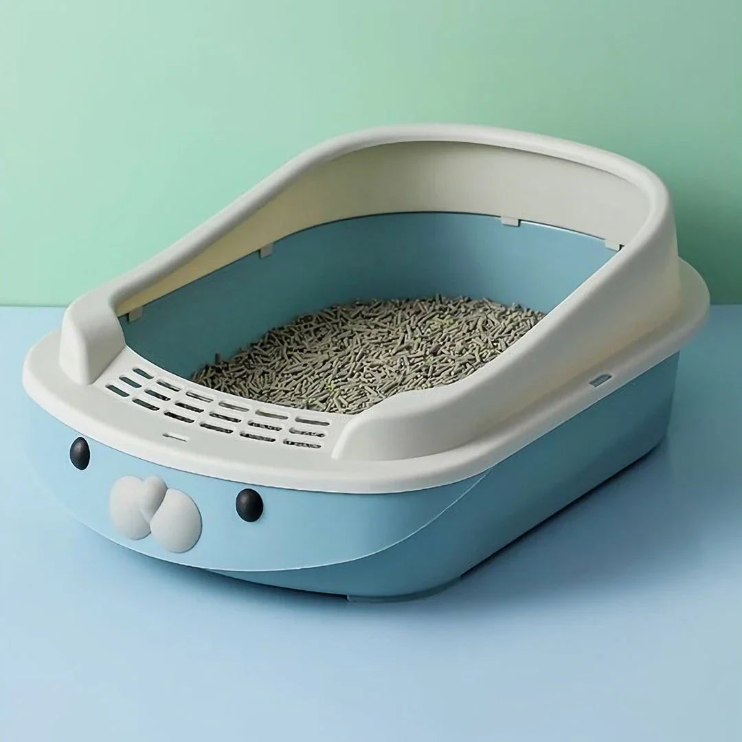 Oversized semi-enclosed cat litter box in Haze Blue colour, featuring high sides and covered top for enhanced privacy and litter containment