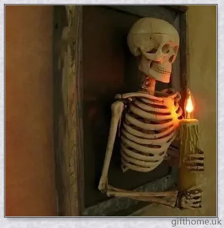 Premium 3D life-size haunted house skeleton decoration with elegant candle holders, creating a mesmerising, ethereal Halloween ambiance