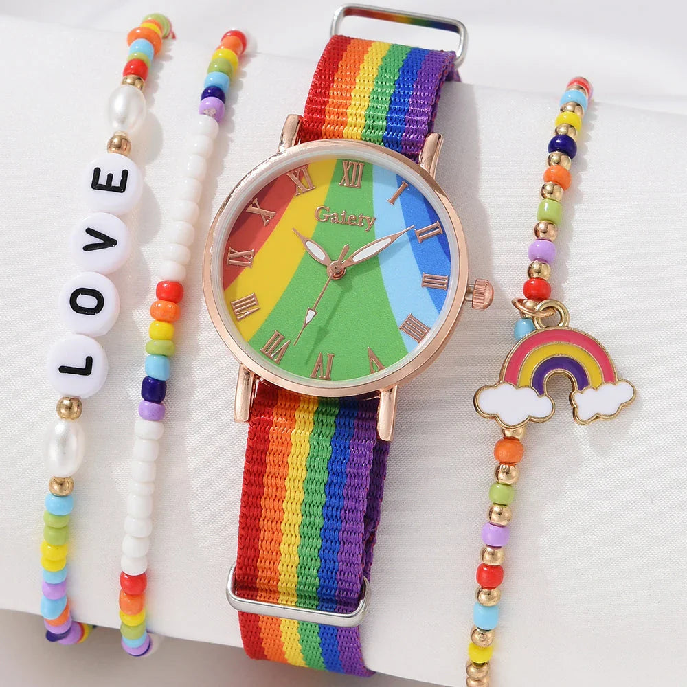 A stylish rainbow-coloured women's wristwatch with a quartz movement and an alloy case for elegant and durable design.
