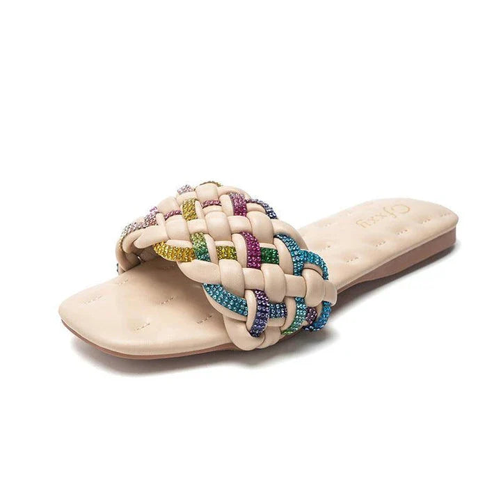 Trendha Colourful Diamond Embroidered Flat Sandals with PU Leather, Rubber Sole, and Elegant Embroidery Pattern