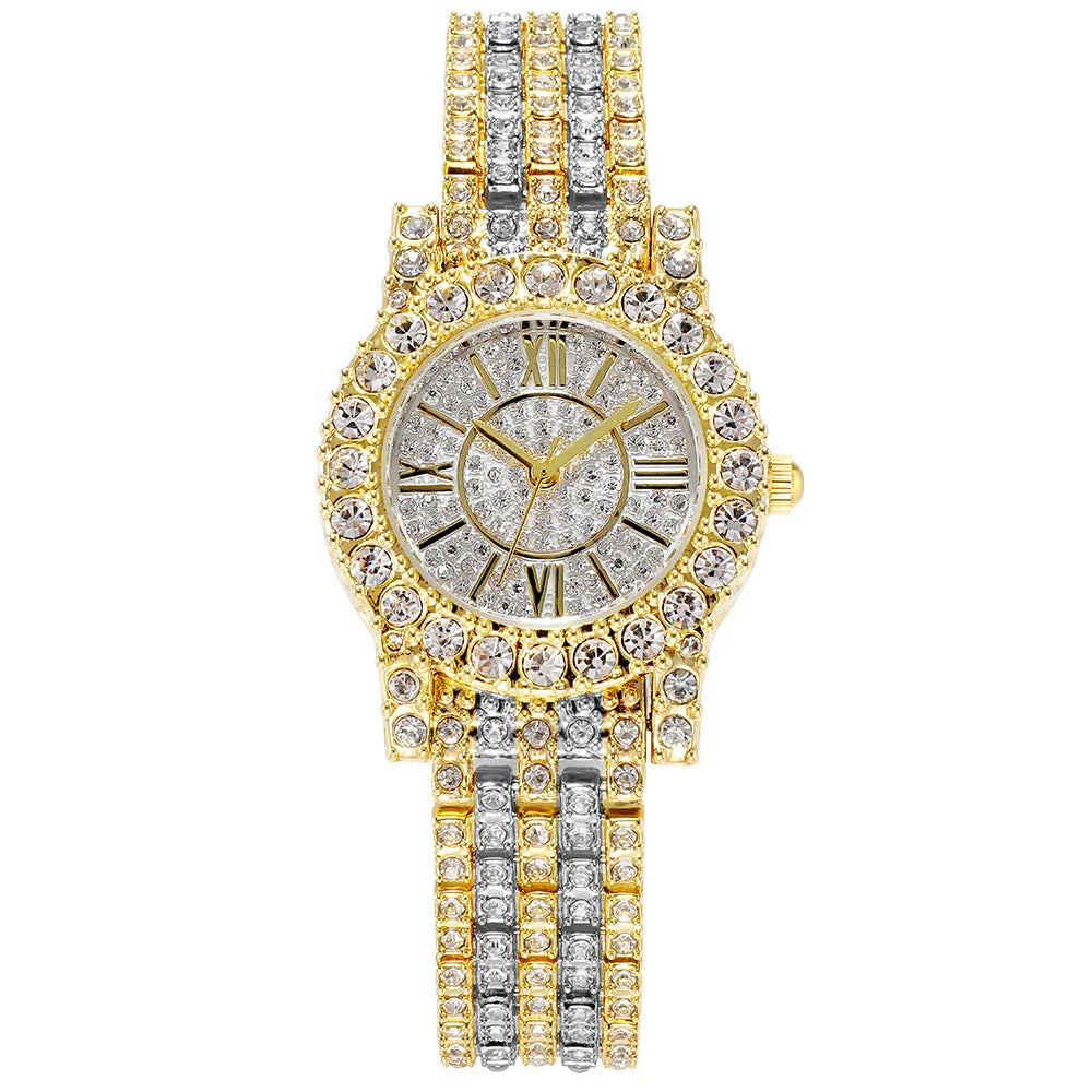 Elegant rhinestone-encrusted waterproof quartz watch with a sleek, round dial in gold, silver, or middle gold finishes