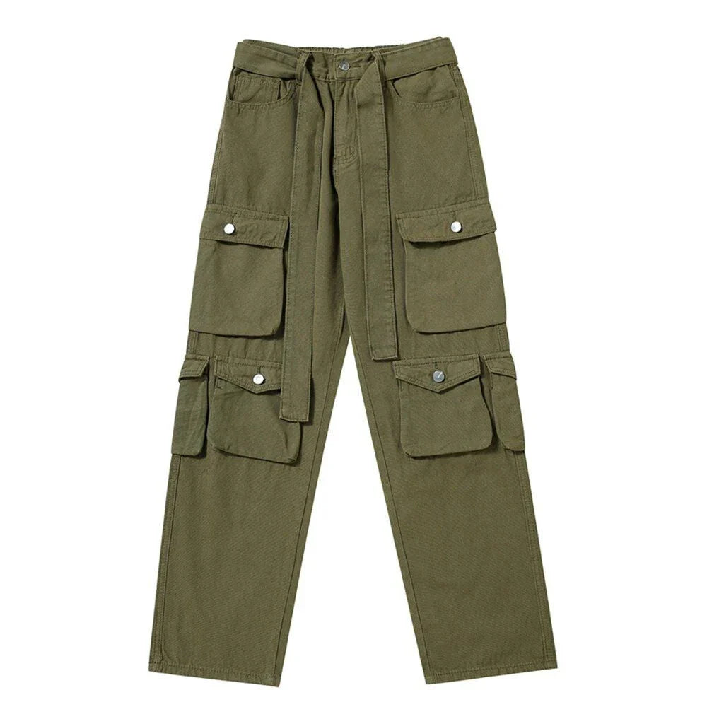 Army green cargo trousers with multiple pockets and a straight fit for a classic, versatile look