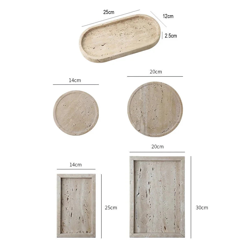 Handcrafted beige travertine marble tray with polished finish, versatile for use in vanity, kitchen, and around the home