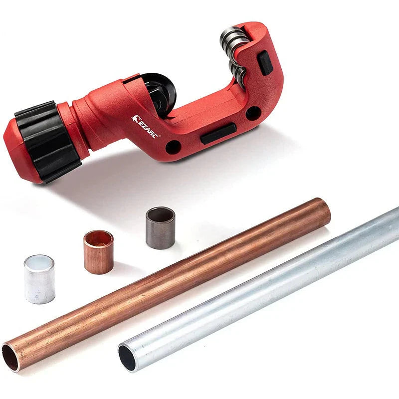 A heavy-duty pipe cutter with a red aluminium alloy body and a steel cutting wheel, designed for precise and effortless pipe cutting in plumbing, electrical, and DIY projects.