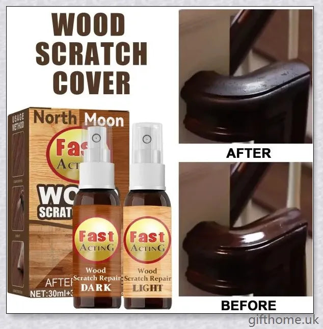 A bottle of premium wood scratch repair spray with a light and dark colour option for blending seamlessly with various wood tones.