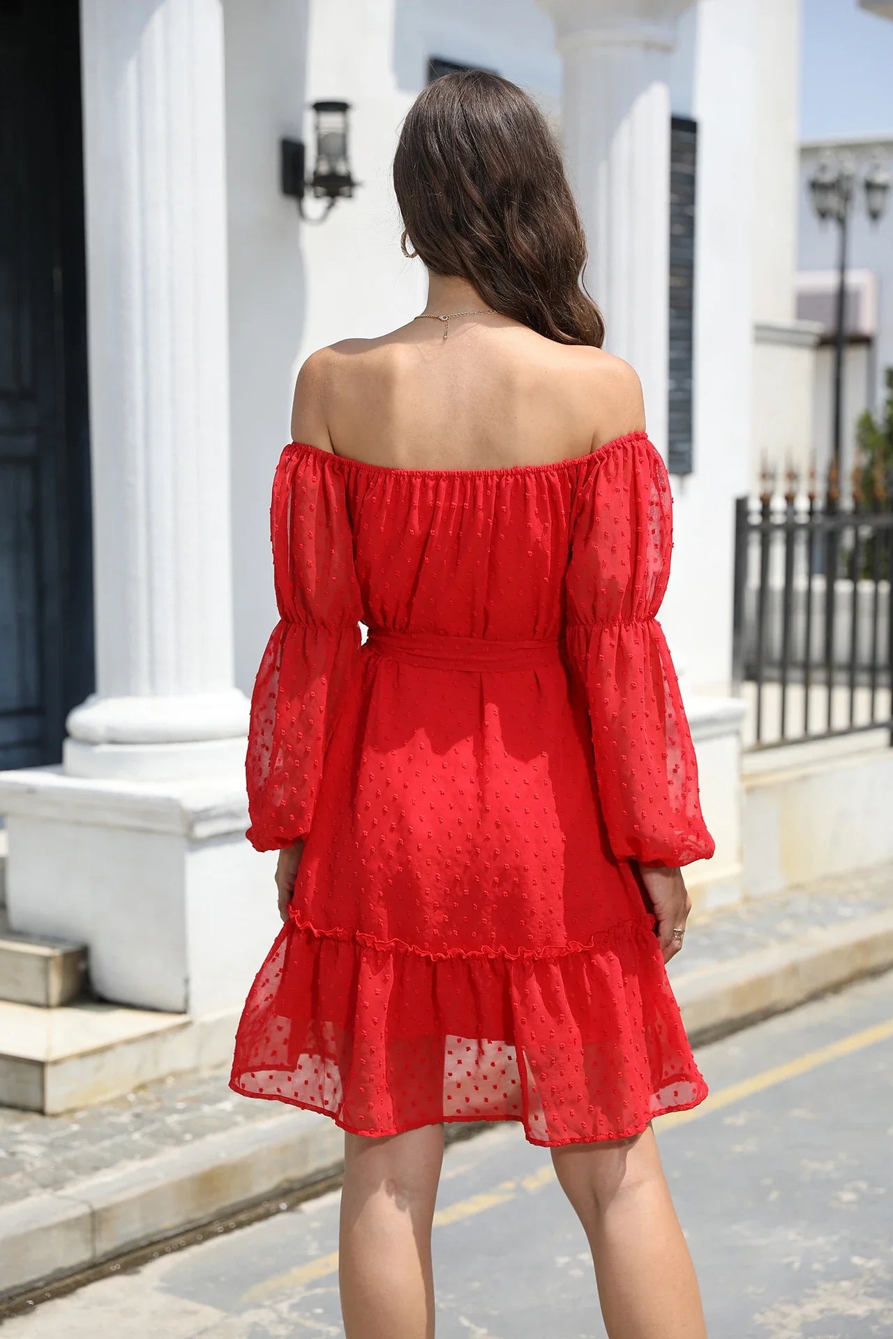Stylish one-shoulder chiffon dress with ruffled bubble dot design, available in various sizes and blue colour