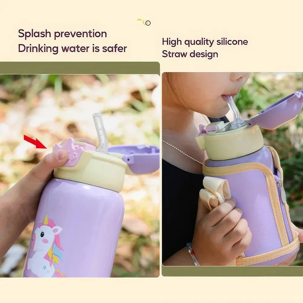 Cute purple unicorn-themed thermos bottle with a large 500ml capacity and stainless steel construction, designed to keep drinks warm or cold for extended periods.