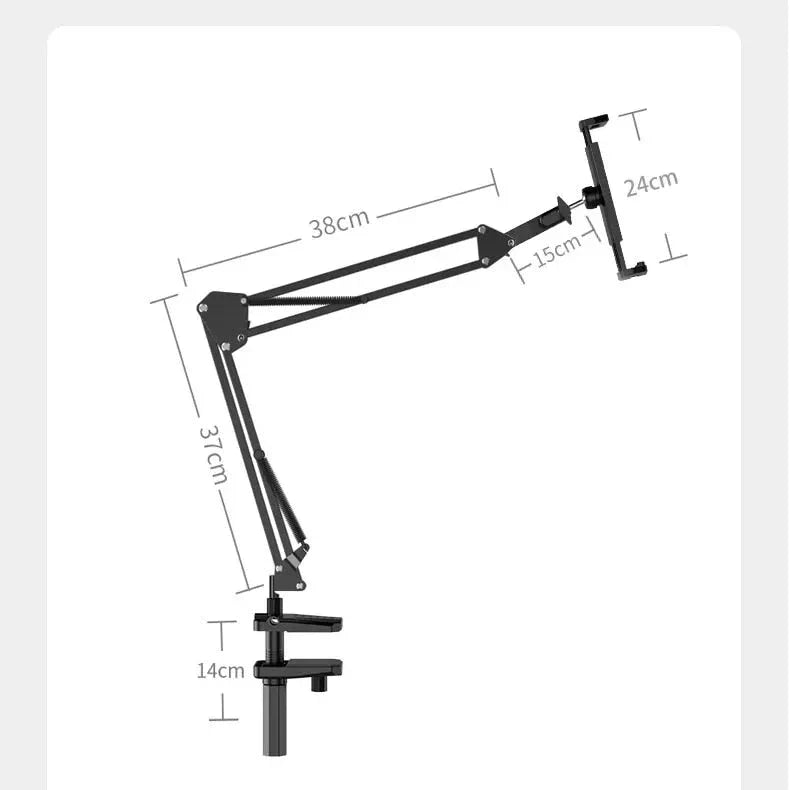 A 360-degree rotatable and adjustable tablet and phone stand with a long arm and stable support for versatile viewing