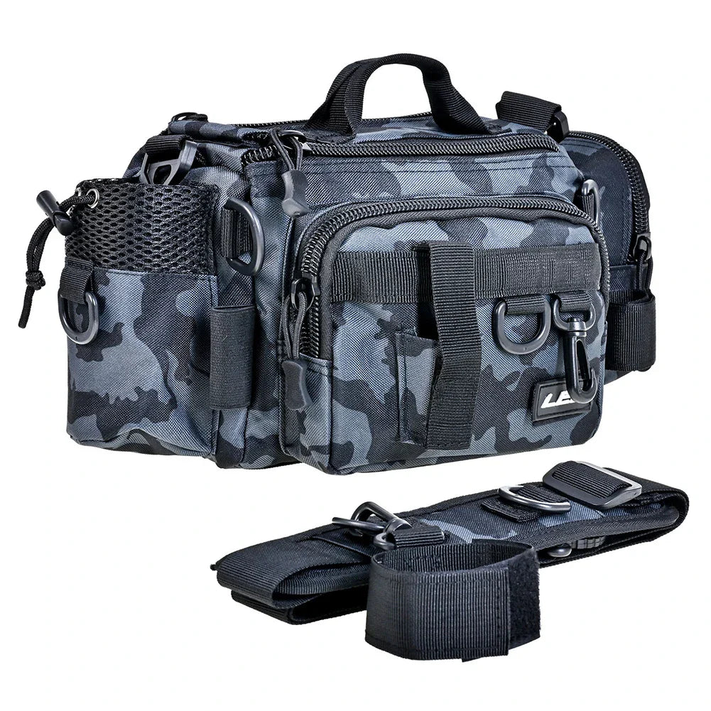 Premium green camouflage fishing tackle kit with Oxford cloth construction and convenient one-shoulder pocket for UK anglers