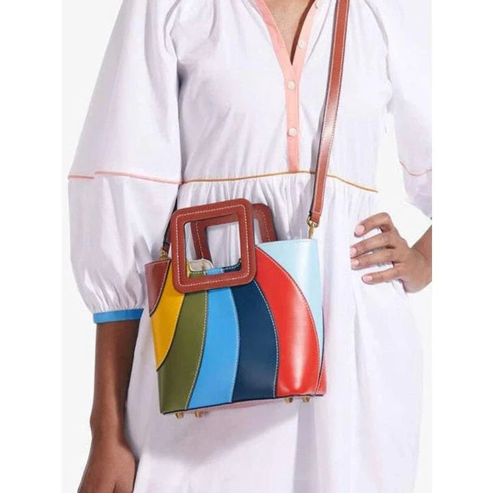 Stylish patchwork vegan leather tote bag with vibrant colour design and versatile carrying options