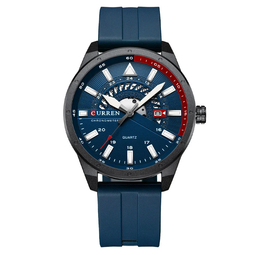 Stylish men's quartz watch with a sleek, round case and a comfortable silicone strap in blue colour