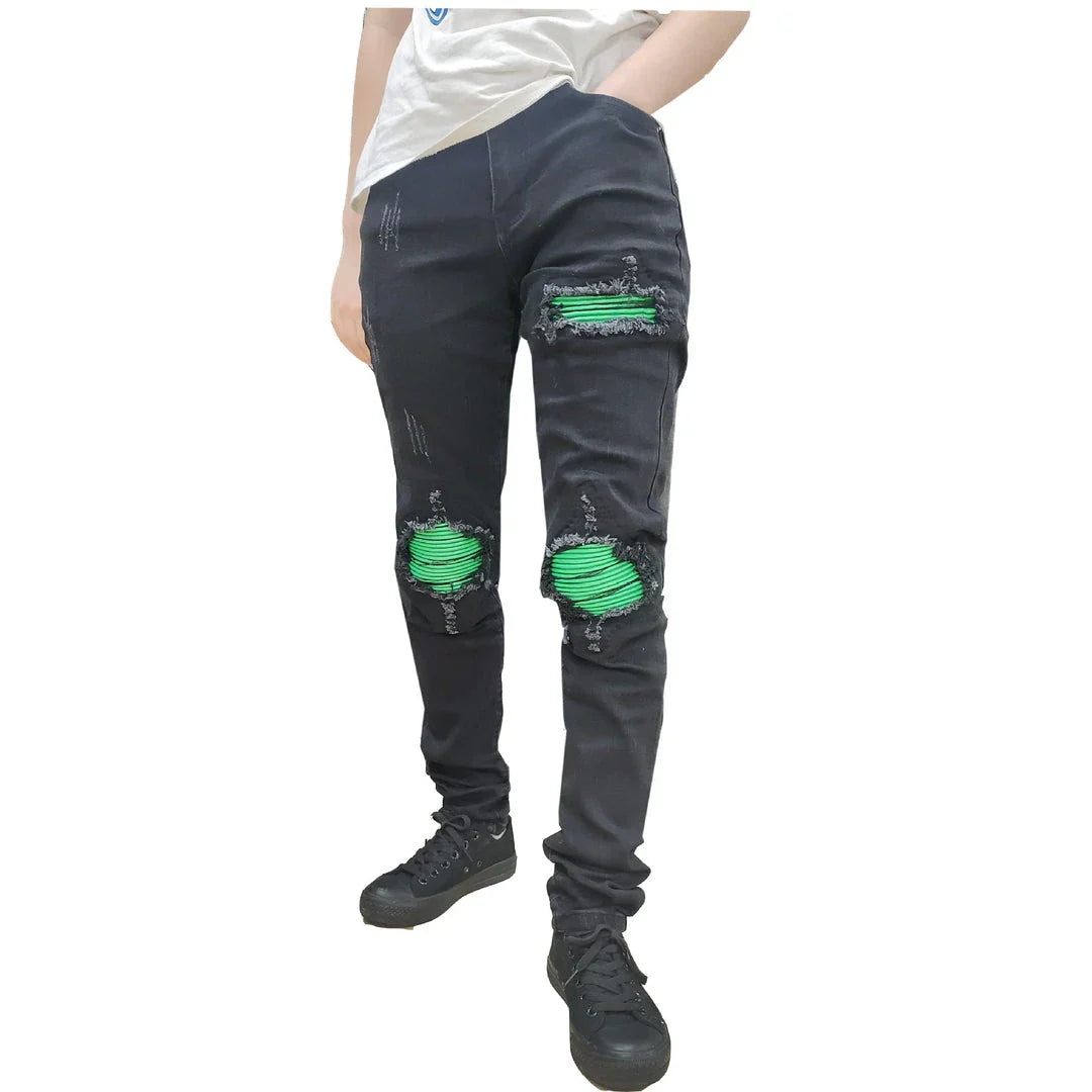 Premium ripped black jeans with stylish green patchwork design, made with medium-elastic fabric for comfort and a slim, flattering silhouette.