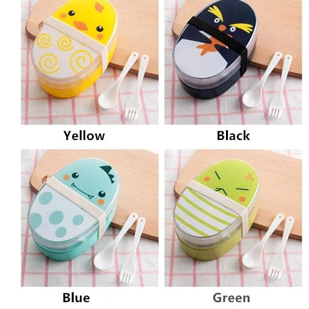 Egg-shaped children's lunch box in various colours, designed with durable plastic construction and insulated compartments to keep meals fresh and at the ideal temperature.