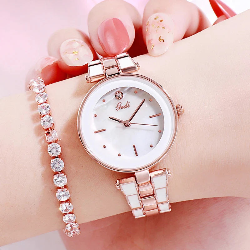 Trendha Ladies Watch with a sleek 30mm dial, screw-down crown, and stainless steel strap in a stylish white and rose gold colour scheme