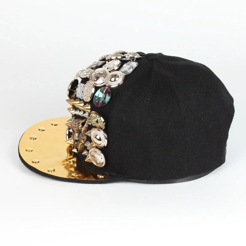 A black baseball cap with a striking skull and leopard print design, featuring adjustable snapback closure for a customized fit.