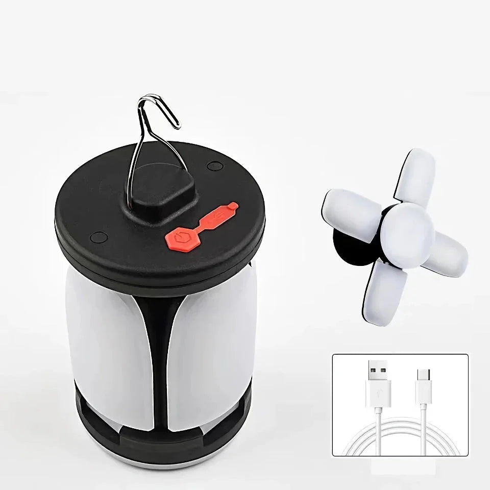 A 1000 lumen rechargeable solar LED camping lantern with a foldable design and versatile lighting modes