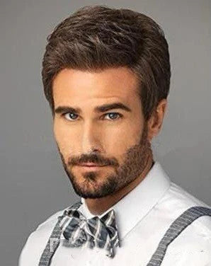 A premium men's wig in a short, straight brown style made with high-quality temperature-resistant fibres for a natural, comfortable fit.