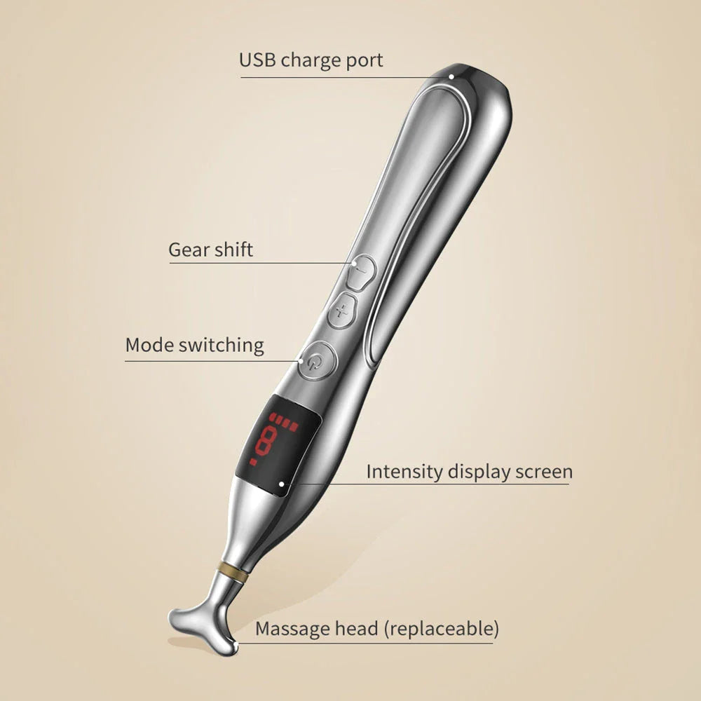 Electronic Acupuncture Massage Pen with 19 adjustable intensity levels and three targeted massage modes for natural pain relief and muscle relaxation
