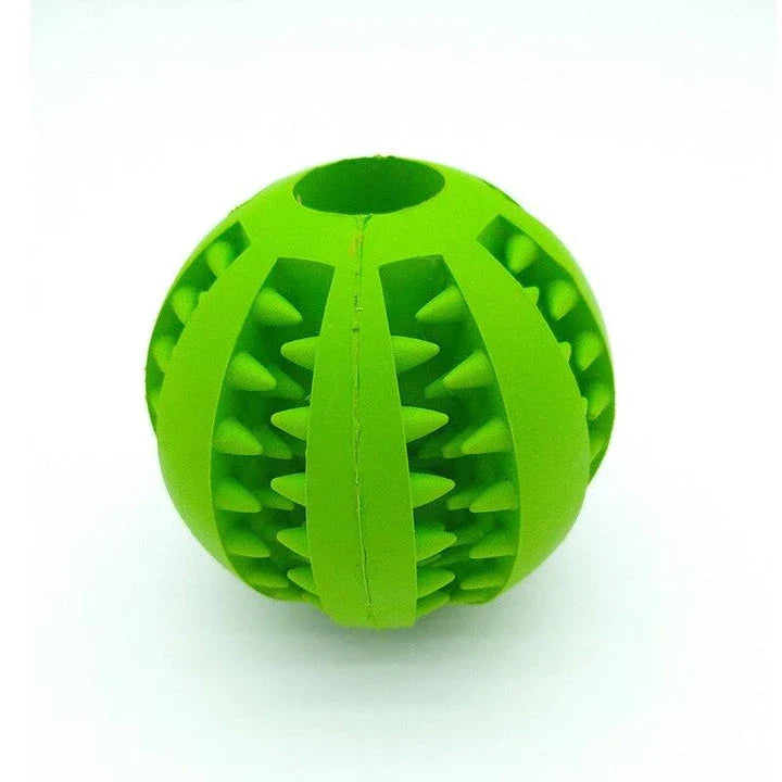 Premium natural rubber interactive ball for dogs in various colours, designed to provide mental stimulation and physical exercise.
