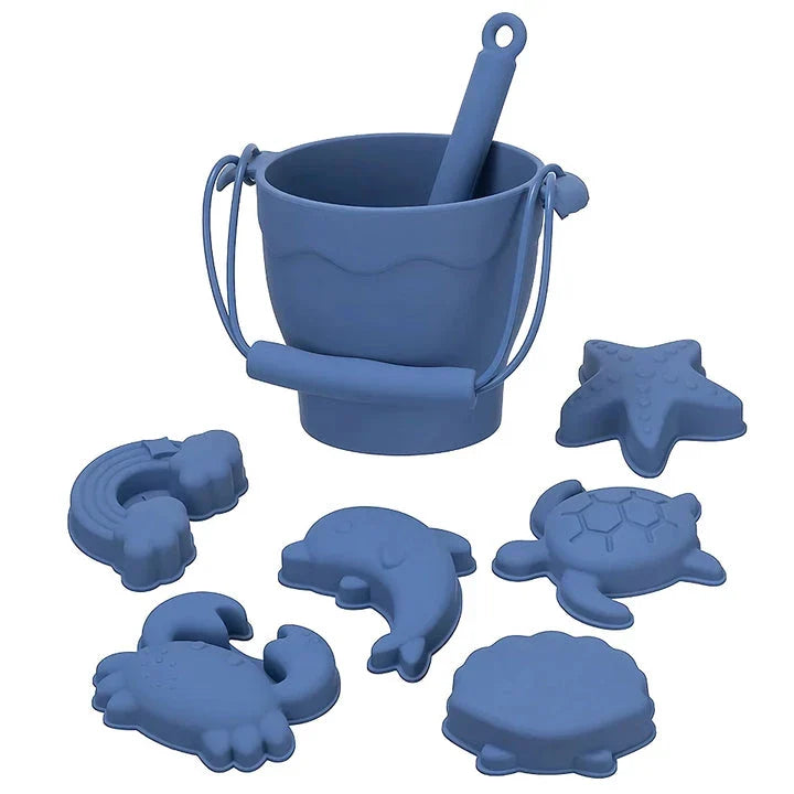 Premium eco-friendly silicone beach playset with bucket, spades, and themed molds for children's creative outdoor play