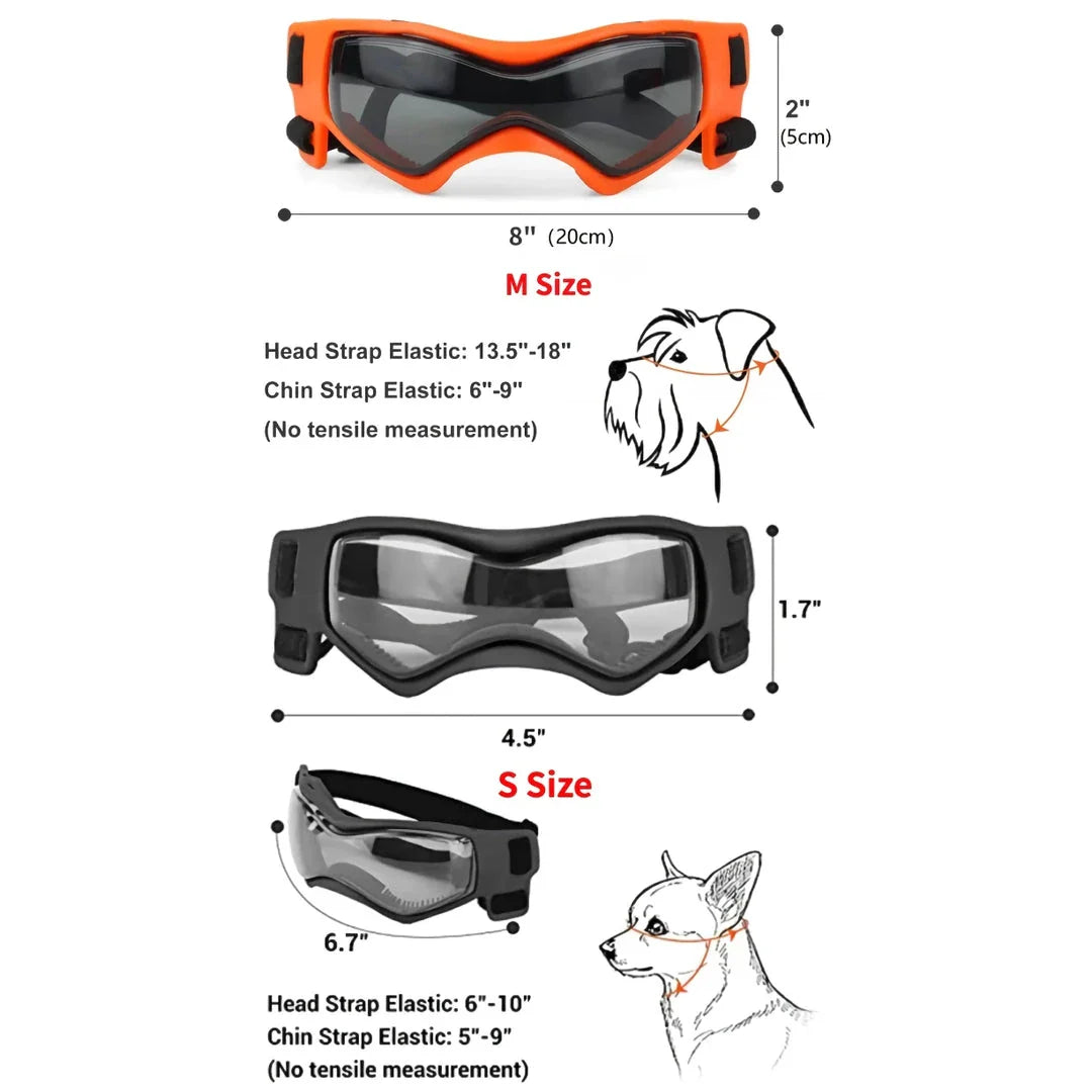 Small orange dog goggles with adjustable elastic straps and UV-blocking polycarbonate lenses