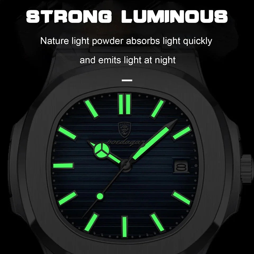 Refined Square Quartz Timepiece with stainless steel band, luminous hands, and water resistance up to 30 metres