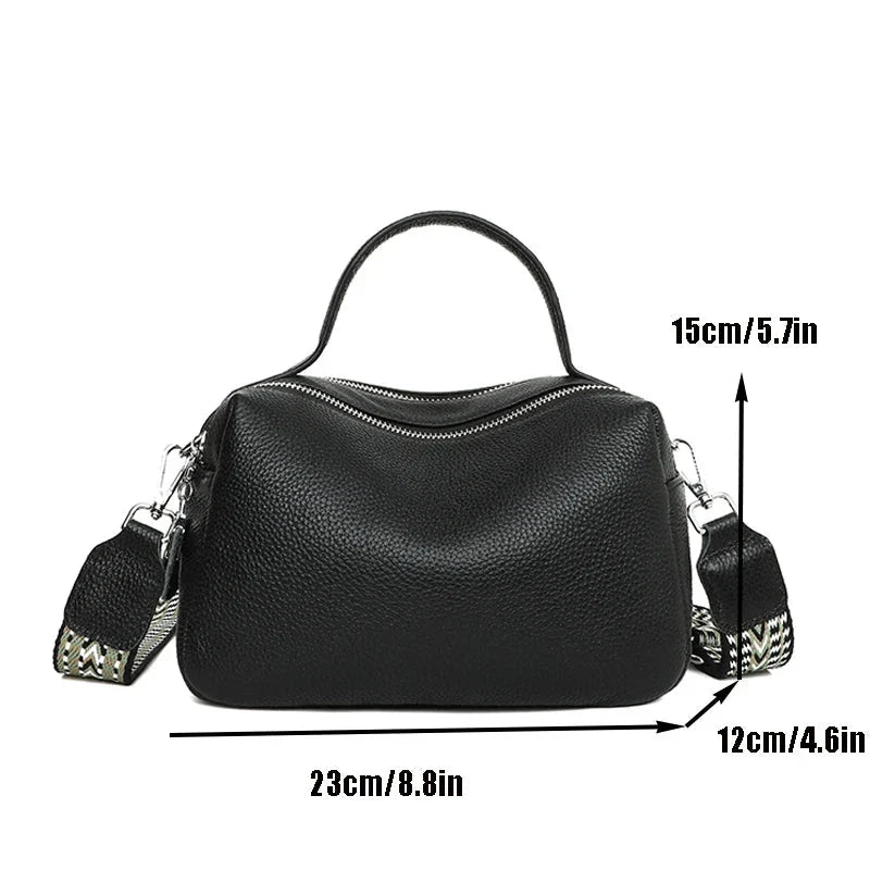 Luxurious genuine leather crossbody bag for women, featuring a soft polyester lining, dual phone pockets, and a compact, square design.