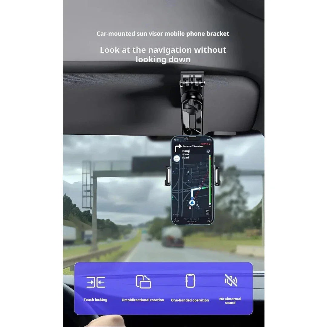 Premium 360-degree adjustable car phone holder for rearview mirror, featuring a durable and versatile design for secure smartphone mounting