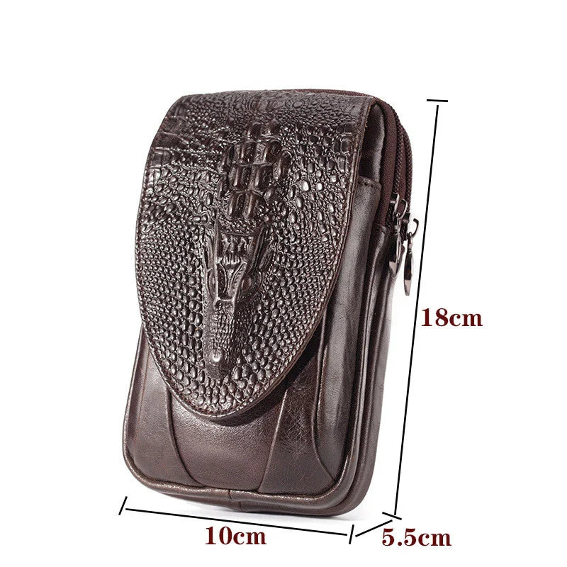 Premium cowhide leather men's mobile phone pouch in vertical design with multiple interior compartments