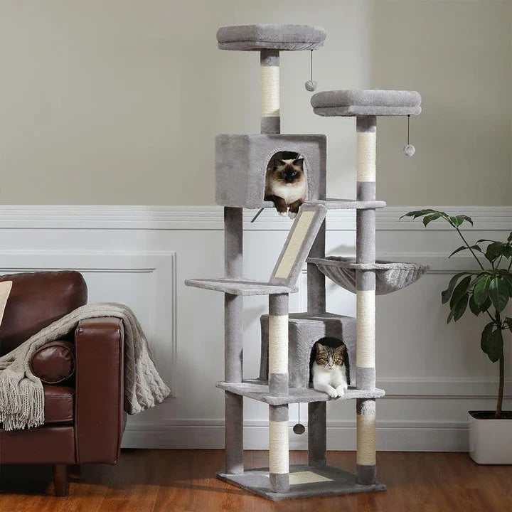 Impressive 180cm tall multi-level cat tree tower with multiple platforms, scratching posts, and cosy napping spots for cats