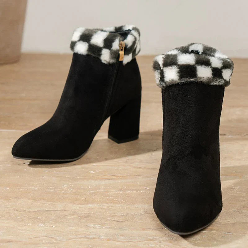 Premium plaid print ankle boots with a cosy lining, sturdy square heel, and versatile design for stylish winter wear