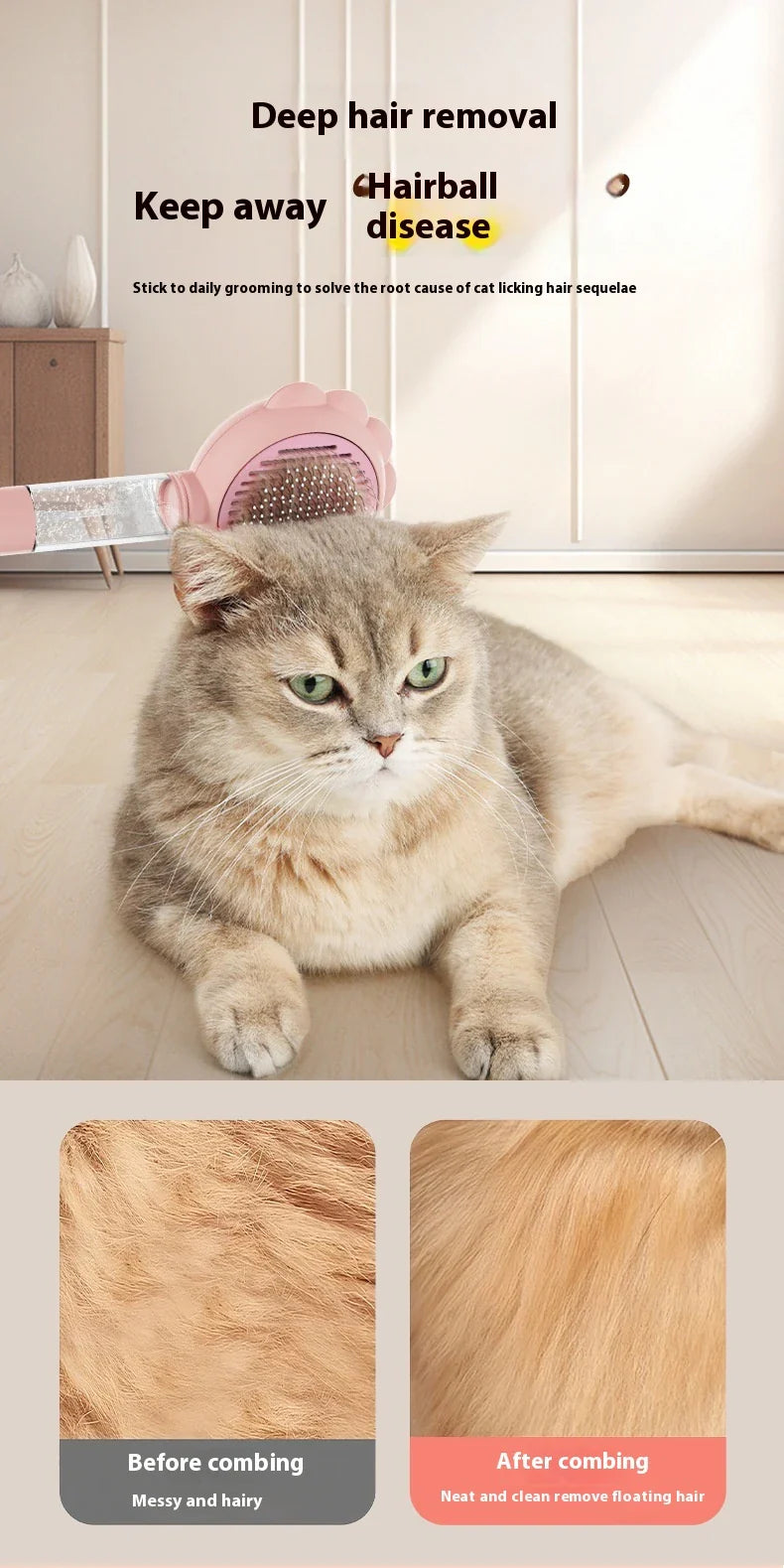 Premium 2-in-1 Self-Cleaning Pet Grooming Brush and Comb with curved comb teeth and ergonomic, non-slip handle for efficient and gentle grooming