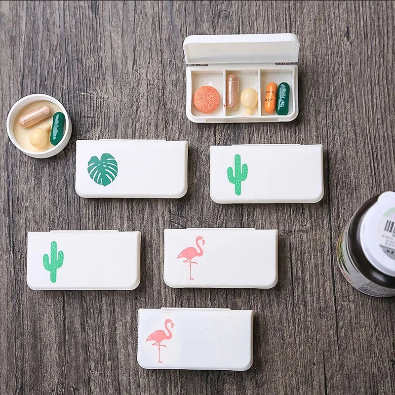 Compact and stylish 3-compartment pill organiser for travelling, made from durable, eco-friendly plastic
