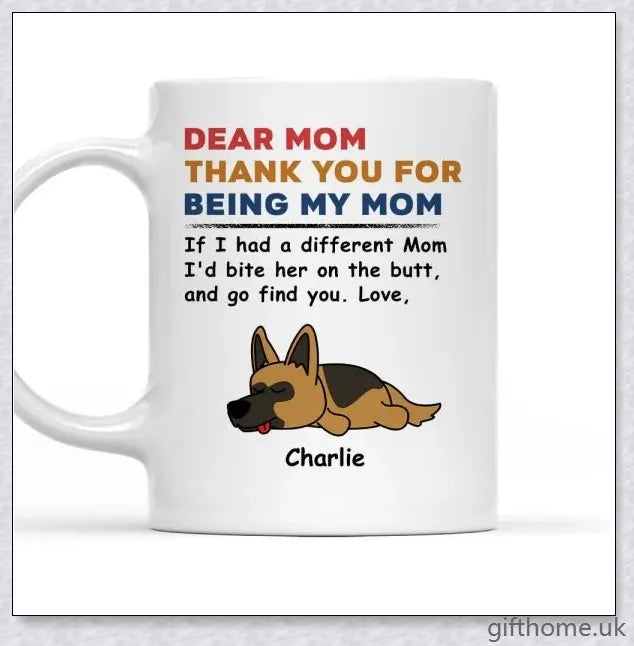 Personalized custom coffee mug with a playful and unique design, perfect for pet lovers and those with a quirky sense of humour.