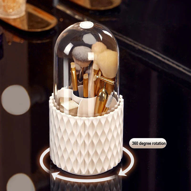 360 degree rotating makeup brush storage box in elegant white design