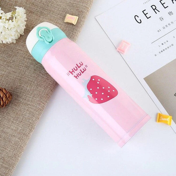Premium stainless steel vacuum insulated thermos bottle with vibrant fruit print design, perfect for keeping children's drinks hot or cold.