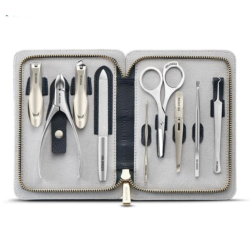 Premium manicure set with surgical-grade stainless steel tools and luxurious leather case